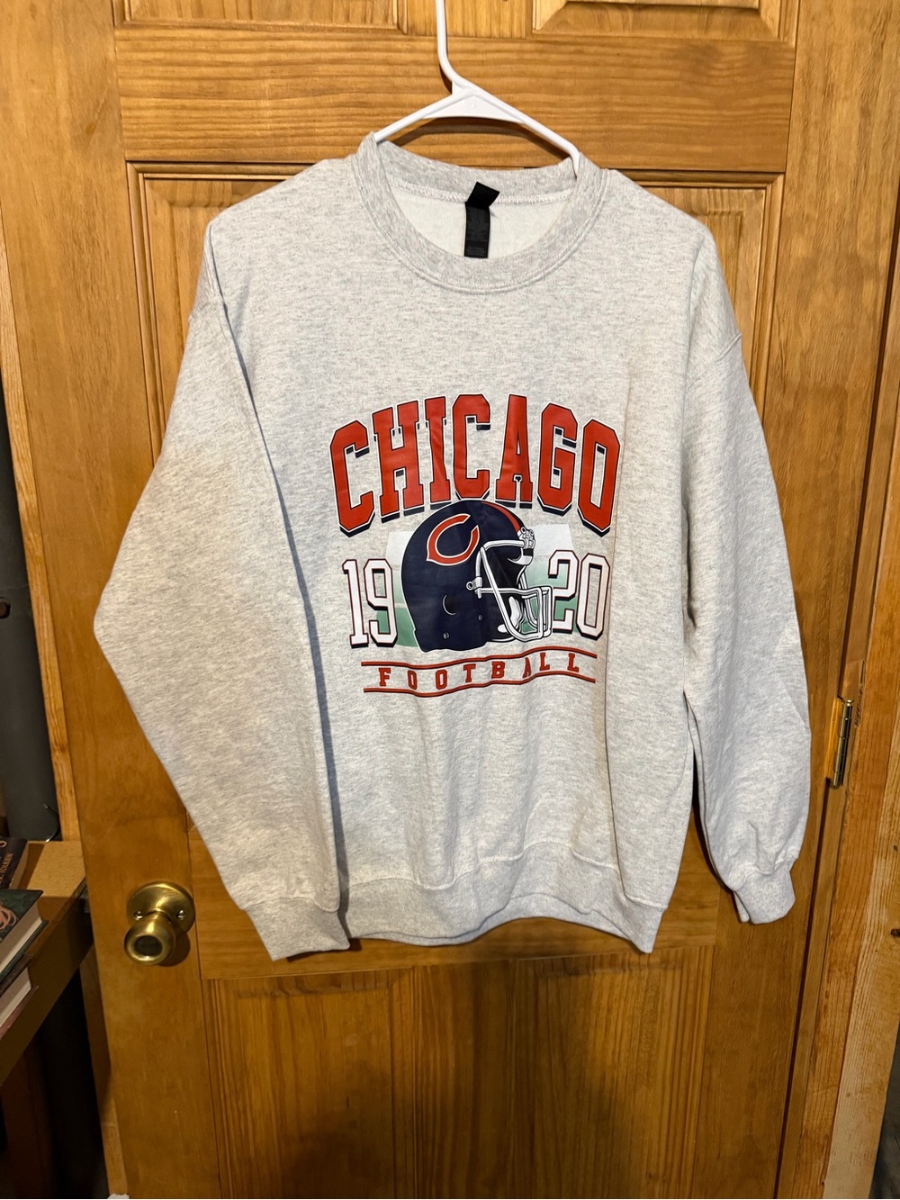 Gildan Light Gray Chicago Football Crewneck Sweatshirt with Navy & Red Graphic